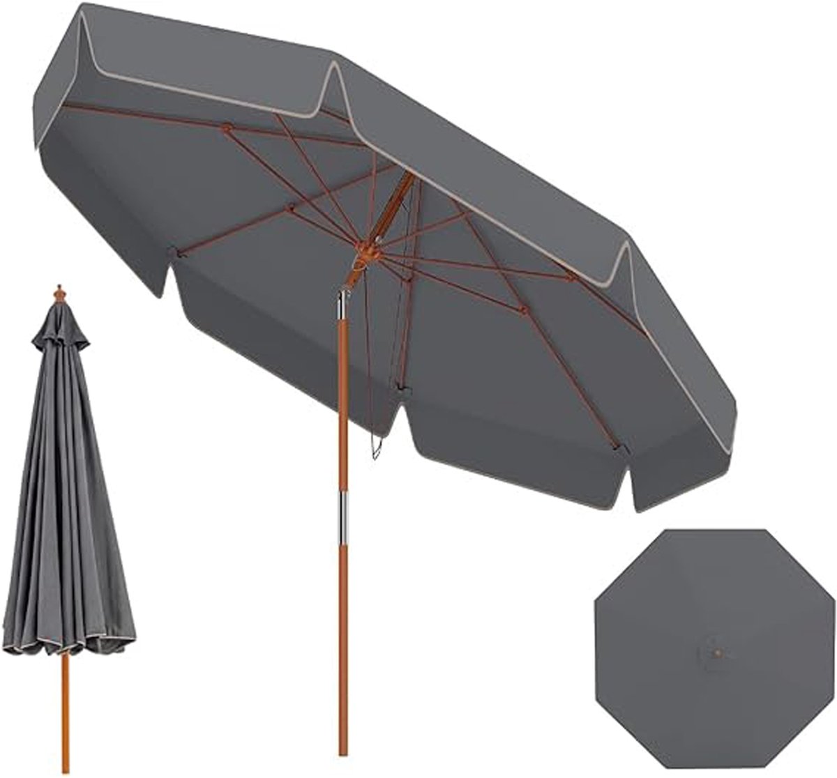 KOMFOTTEU Parasol 300 cm - met volant - Beukenhouten - stokparasol - 30° kantelbaar - tuinparasol - 8 glasvezel baleinen - voor tuin, strand, balkon (0672669338673)