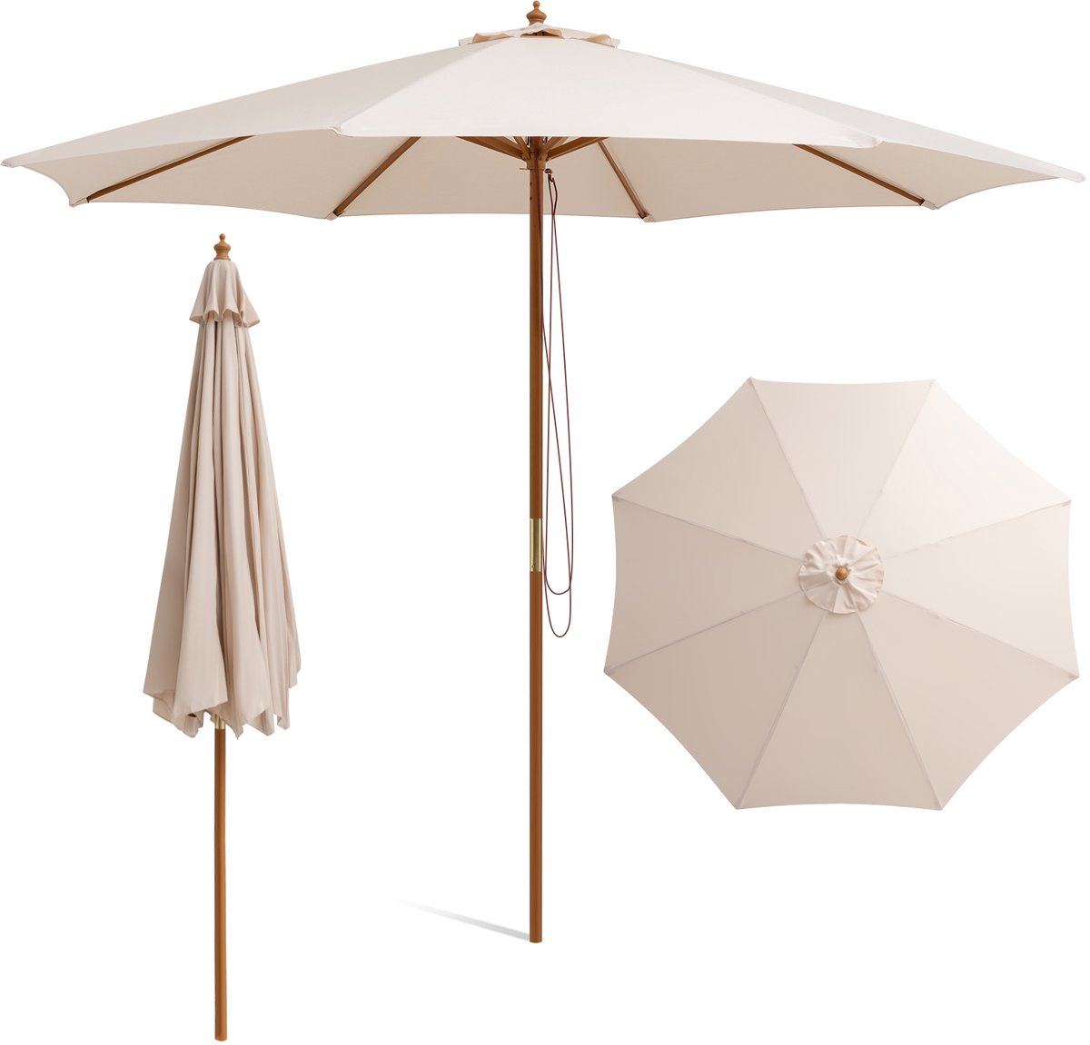 KOMFOTTEU Parasol 300 cm - tuinparasol - met houten paal - inklapbare stokparasol - Strandparasol - Balkon parasol (0672669338086)