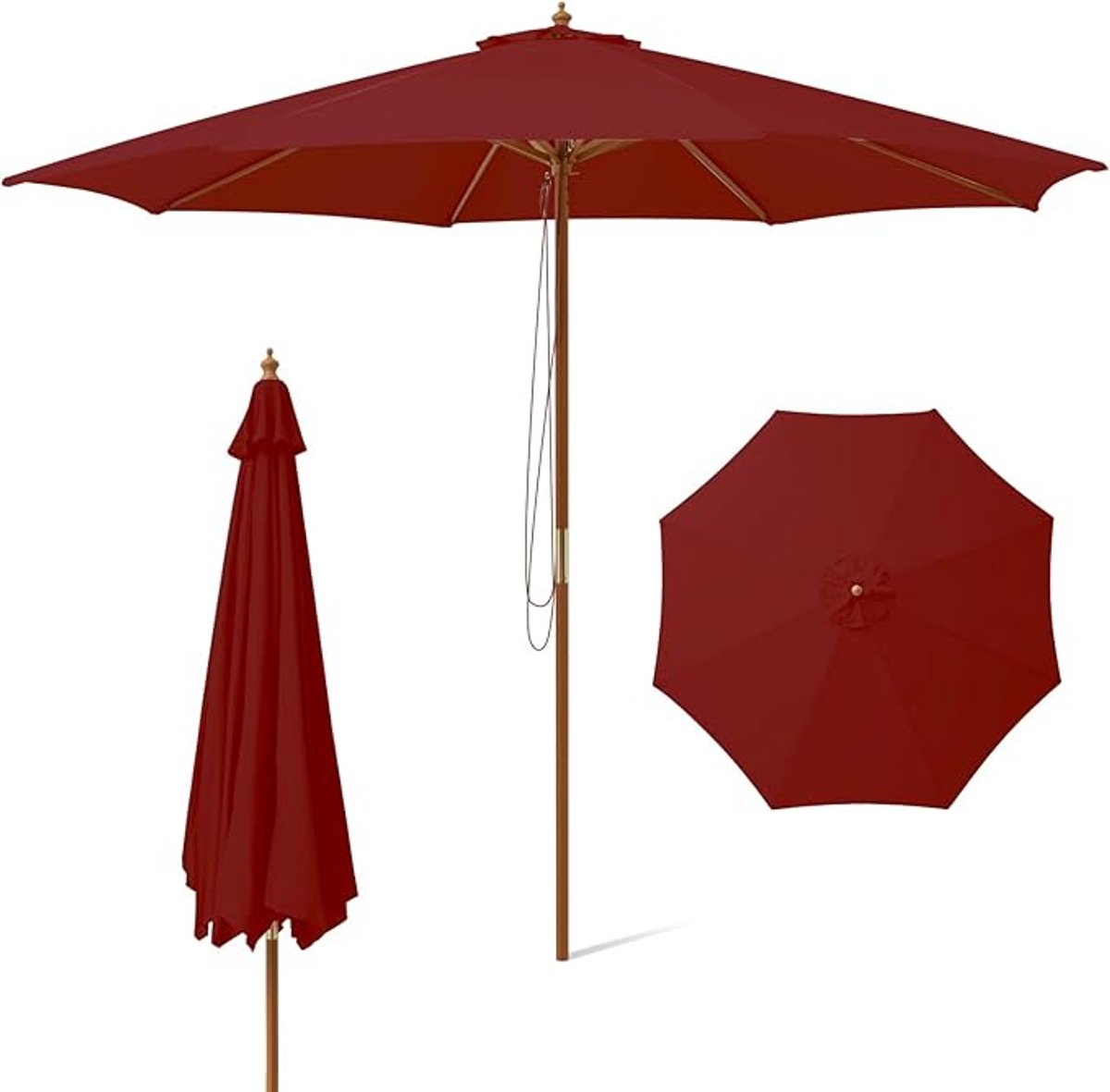 KOMFOTTEU Parasol 300 cm - tuinparasol - met houten paal - inklapbare stokparasol - Strandparasol - Balkon parasol (0672669338109)