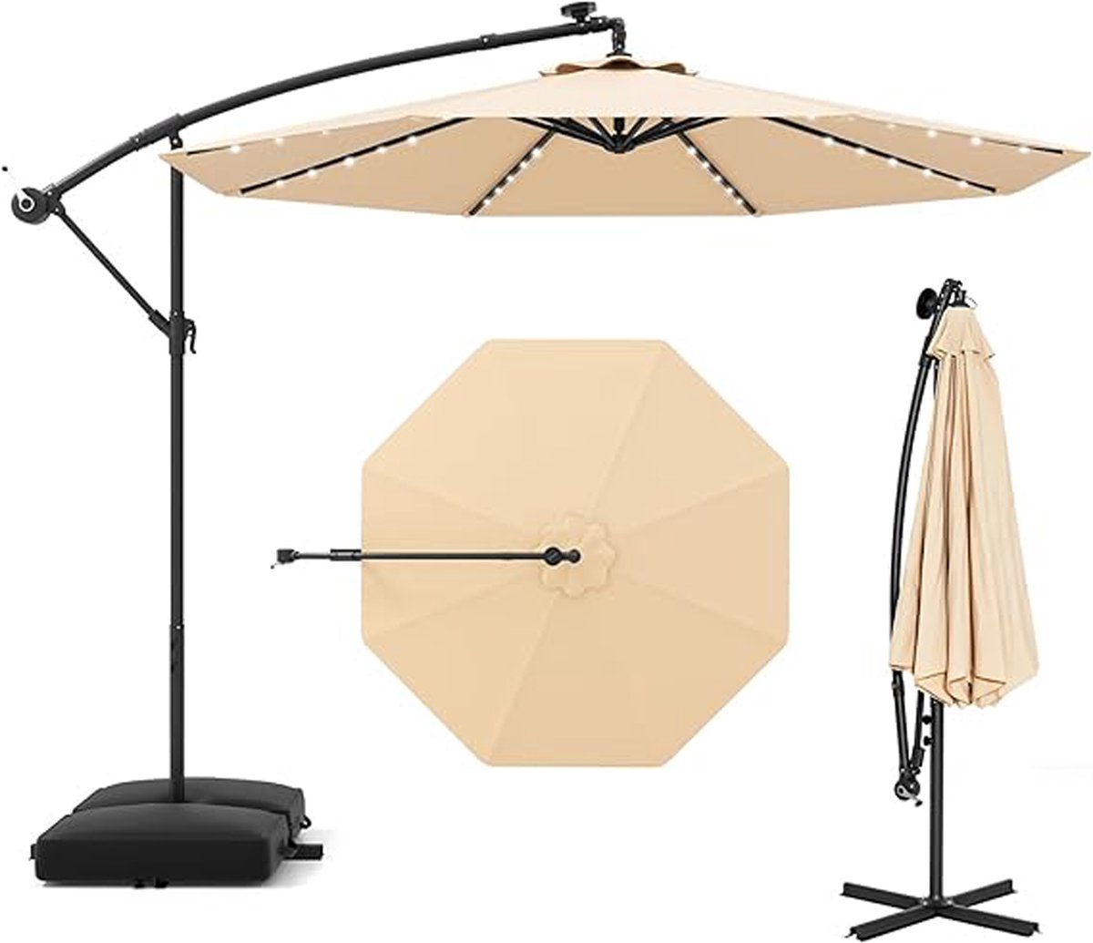 KOMFOTTEU Parasol 300 cm - zweefparasol Solar LED - met zandzakken - met verlichting - draaibaar - kantelbaar - tuinparasol - voor tuinen en balkons (0672669338017)