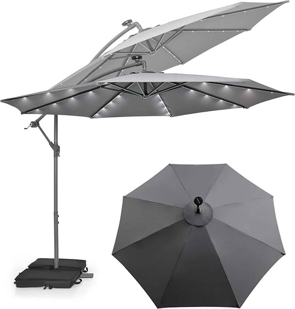 KOMFOTTEU Parasol 300 cm - zweefparasol Solar LED - met zandzakken - met verlichting - draaibaar - kantelbaar - tuinparasol - voor tuinen en balkons (0672669338055)
