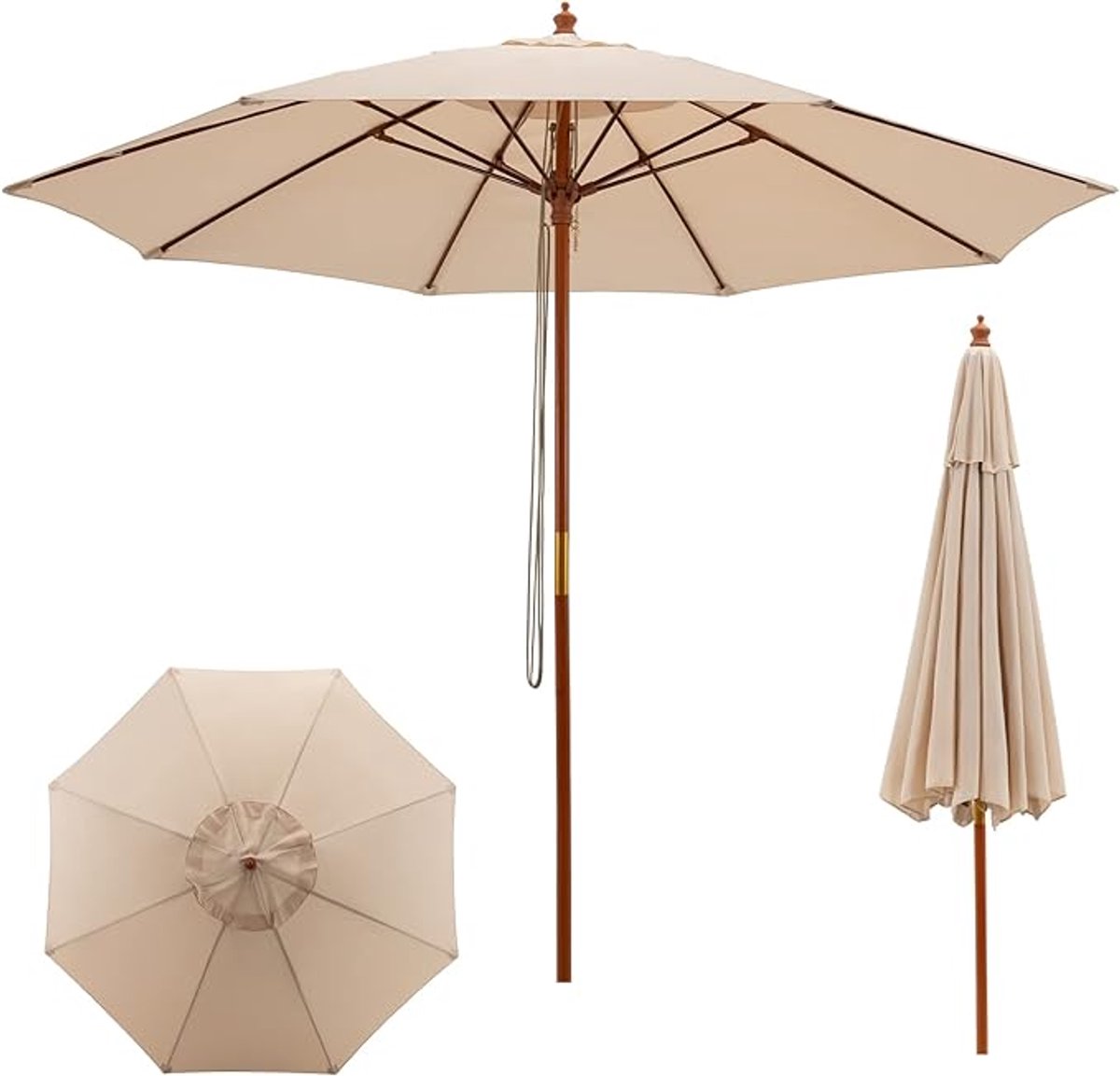 KOMFOTTEU Parasol - in hoogte verstelbaar - Houten paraplustok - 283 cm - tuinparasol - stokparasol - strandparasol - voor tuin, strand, balkon (0672669338116)