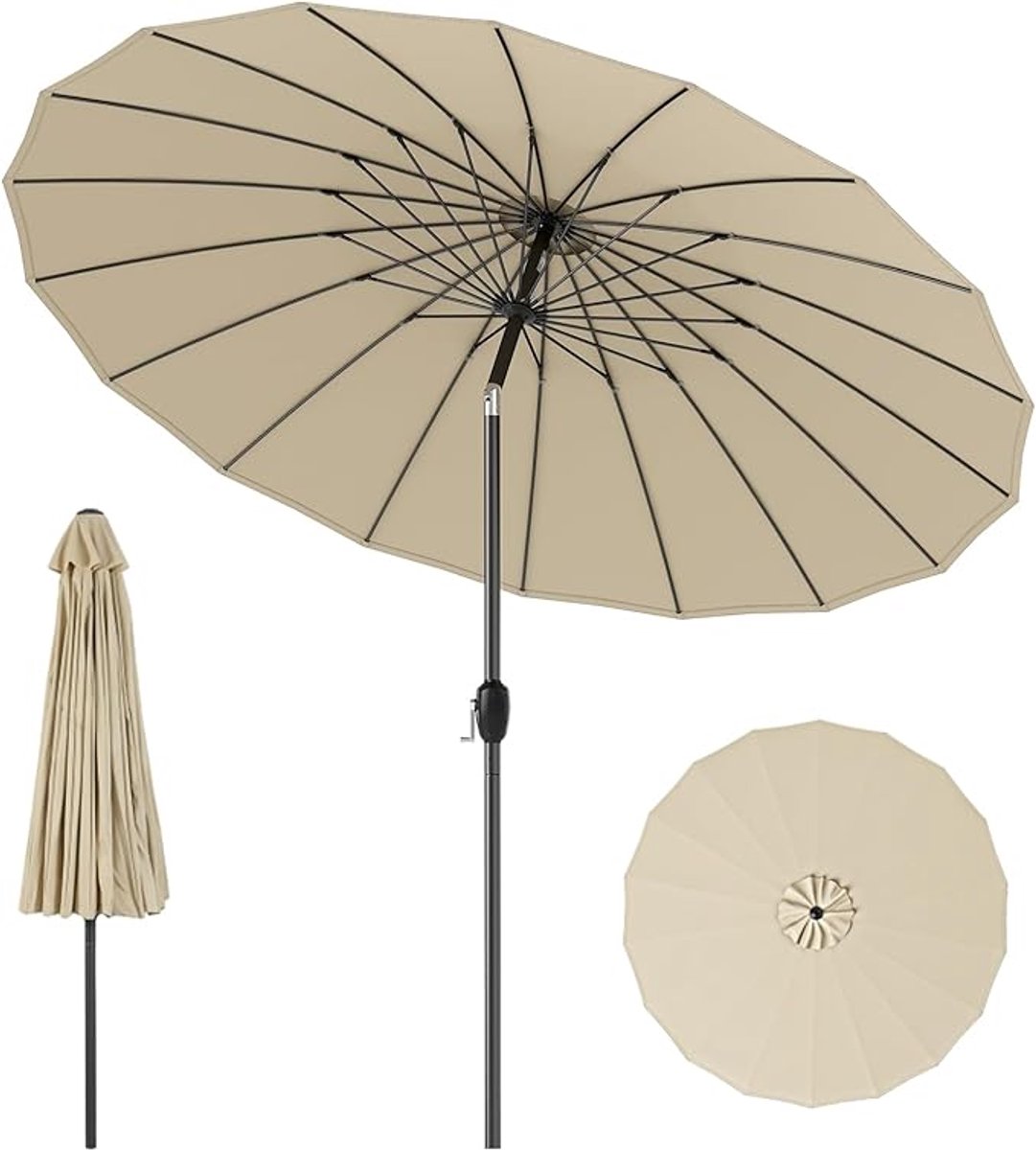 KOMFOTTEU Parasol -met 18 stangen van glasvezels - 265cm - stokparasol - knikbaar - tuinparasol - voor tuin, strand, balkon (0672669338482)