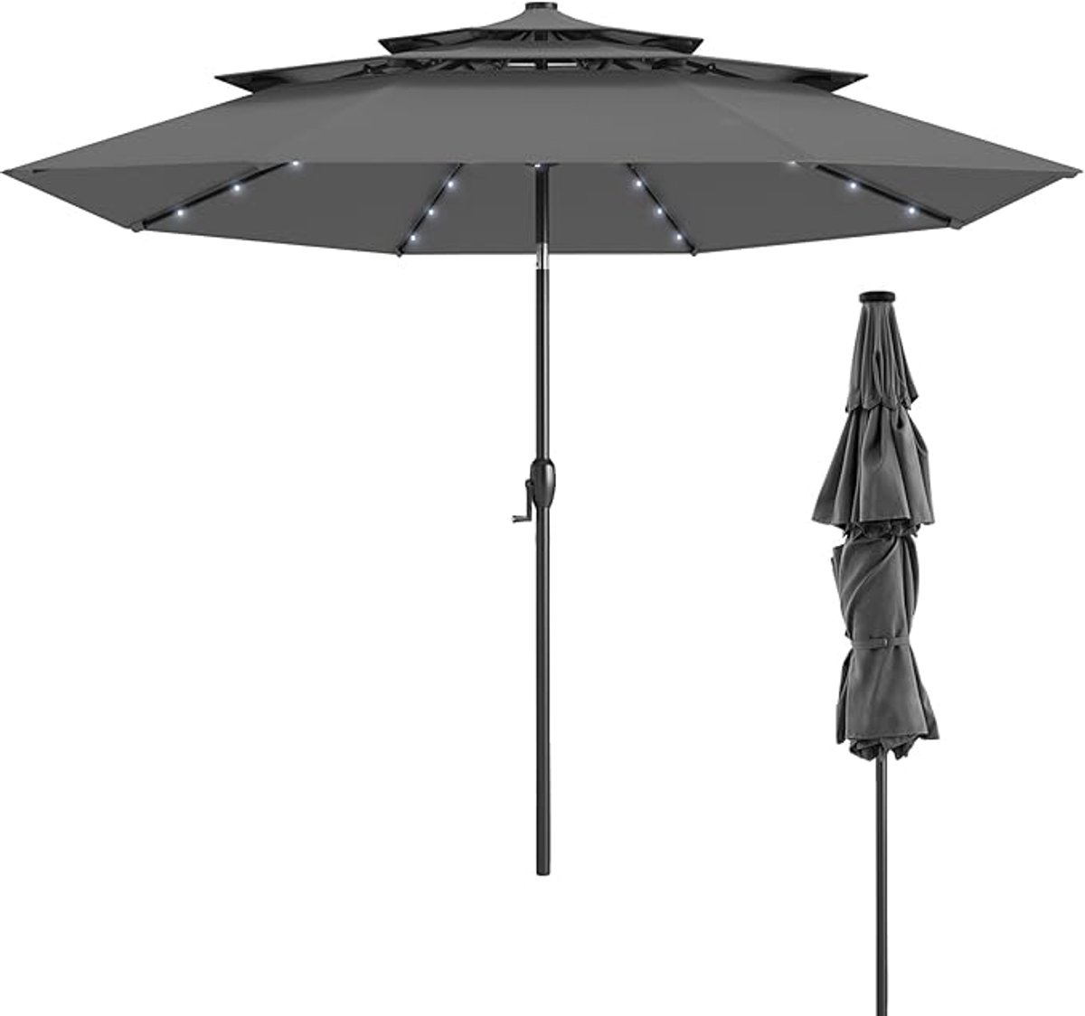 KOMFOTTEU Parasol - met 32 ledlampen - 300cm - 35° naar beide zijden kantelbaar - tuinparasol - stokparasol - ademend drielaags parapludoek - voor tuin, strand, balkon (0672669338192)