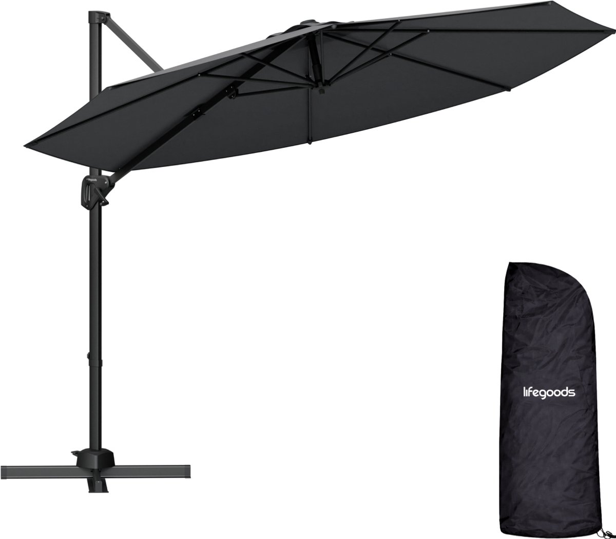 LifeGoods Zweefparasol - 6 Standen - 360° Draaibaar - Rond Ø300 cm - Inclusief Beschermhoes - Antraciet (8718001998340)