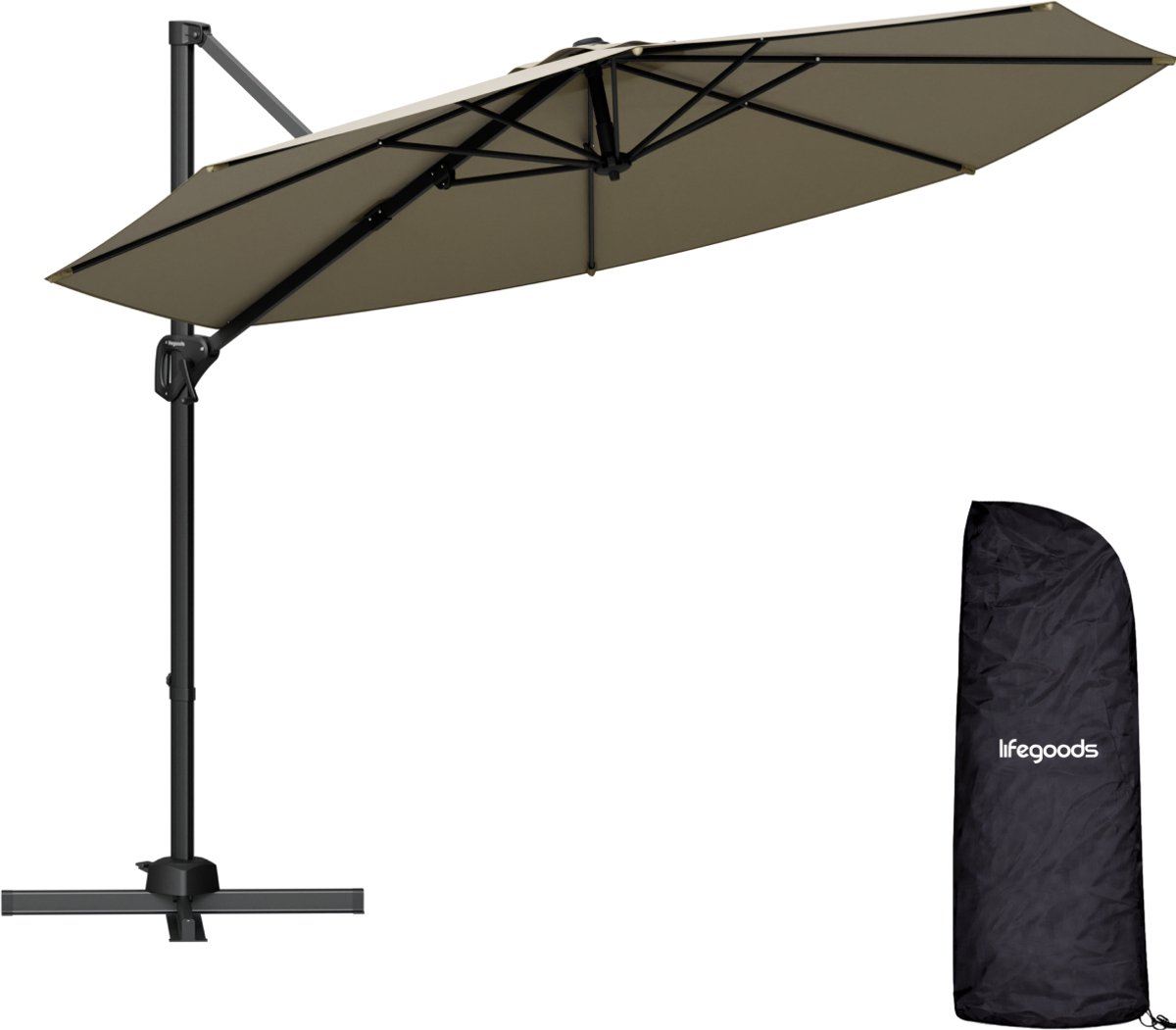 LifeGoods Zweefparasol - 6 Standen - 360° Draaibaar - Rond Ø300 cm - Inclusief Beschermhoes - Taupe (8718001998357)