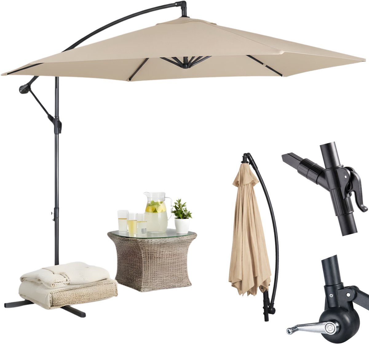 Lomera Zweefparasol - Hangparasol - Offset Parasol - Tuinparasol - Parasol Met Voet - Zweefparasol Met Voet - Zweefparasol Taupe - Hangparasol Taupe - Tuinparasol Taupe - Parasol Taupe (8721458011807)