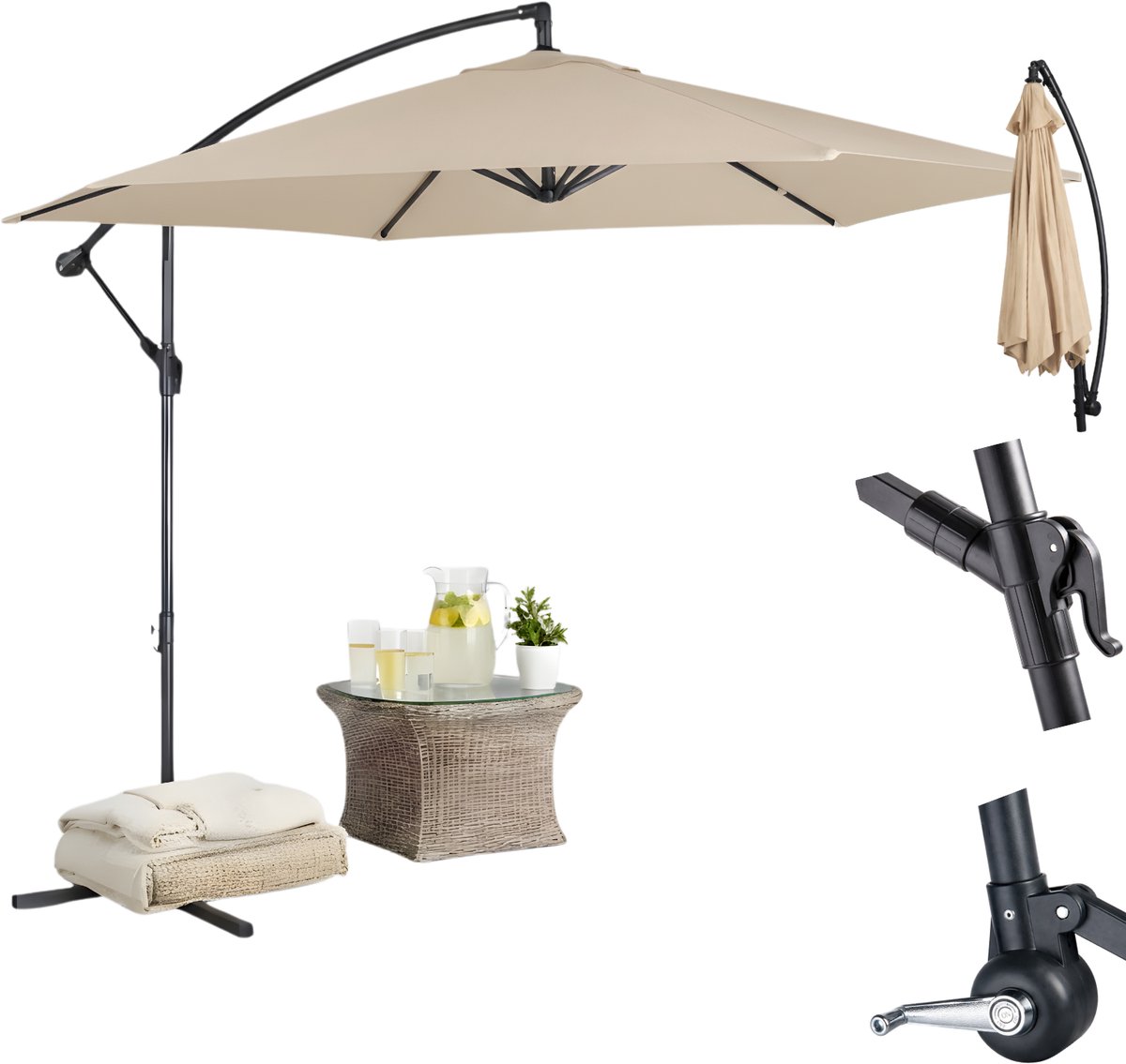 Lomera Zweefparasol - Hangparasol - Tuinparasol - Zweefparasol Met Voet - Zweefparasol Beige - Parasol Met Voet - Parasol Voor Tuin - Parasol Voor Terras - Parasol Voor Balkon - Kantelbare Zweefparasol - Verstelbare Zweefparasol (8721458011777)