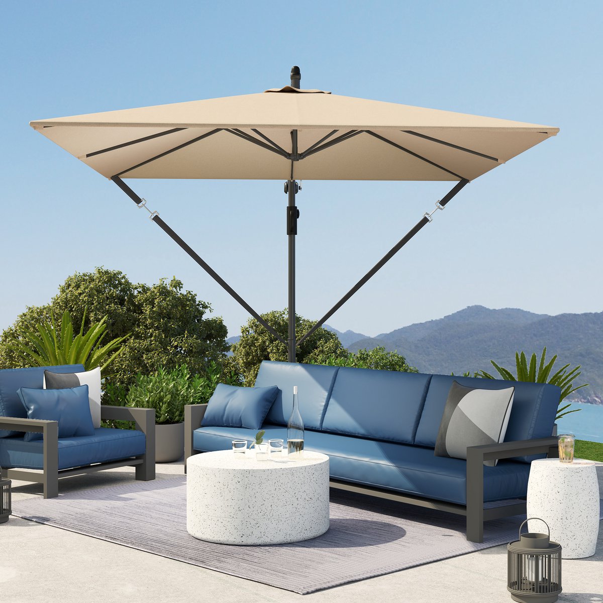 MODFU Zweefparasol - 360 Graden Draaibaar En Kantelbaar - Met Zwengel, Beschermhoes En Windvaste Koorden - Polyester - Kaki - 295 X 250 X 235 Cm (4070864129007)