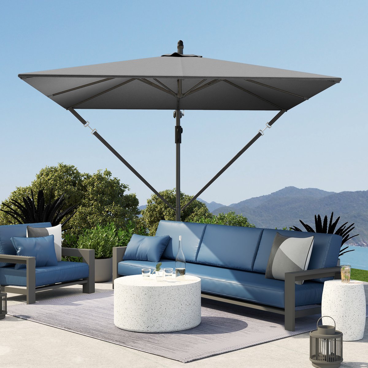 MODFU - Zweefparasol - 360° Draaibaar En Kantelbaar - Met Slinger - Met Hoes En Windbestendige Koorden - Metaal - Grijs - 295 X 250 X 235 Cm (4070864129212)