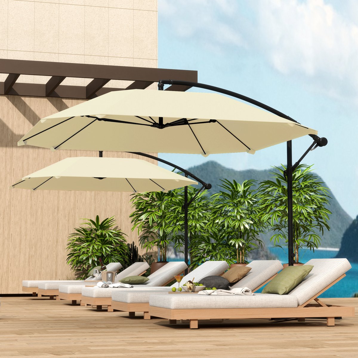 MODFU - Zweefparasol - Met Slingersysteem - 360° Verstelbaar - Met Kruisvoet - Metaal - Beige - 304 X 260 X 245 Cm (4070864122527)