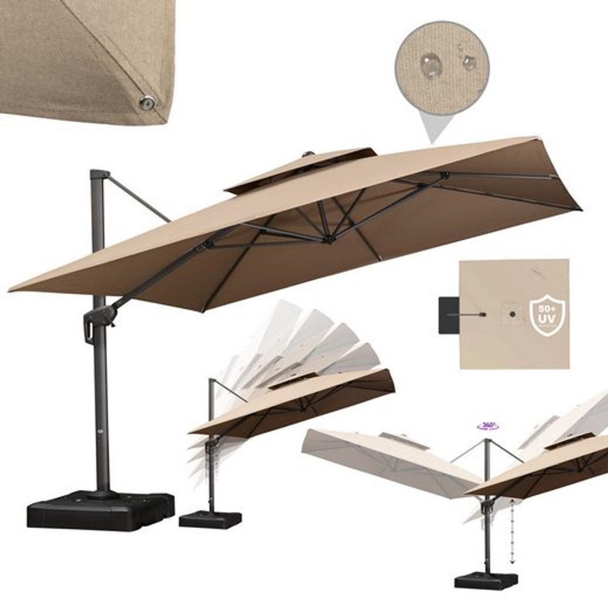 PURPLE LEAF Vierkant Parasol - Dubbel Top - 360 °Graden Rotatie - UV werend doek- Windbestendige Zweefparasol (8683769594977)