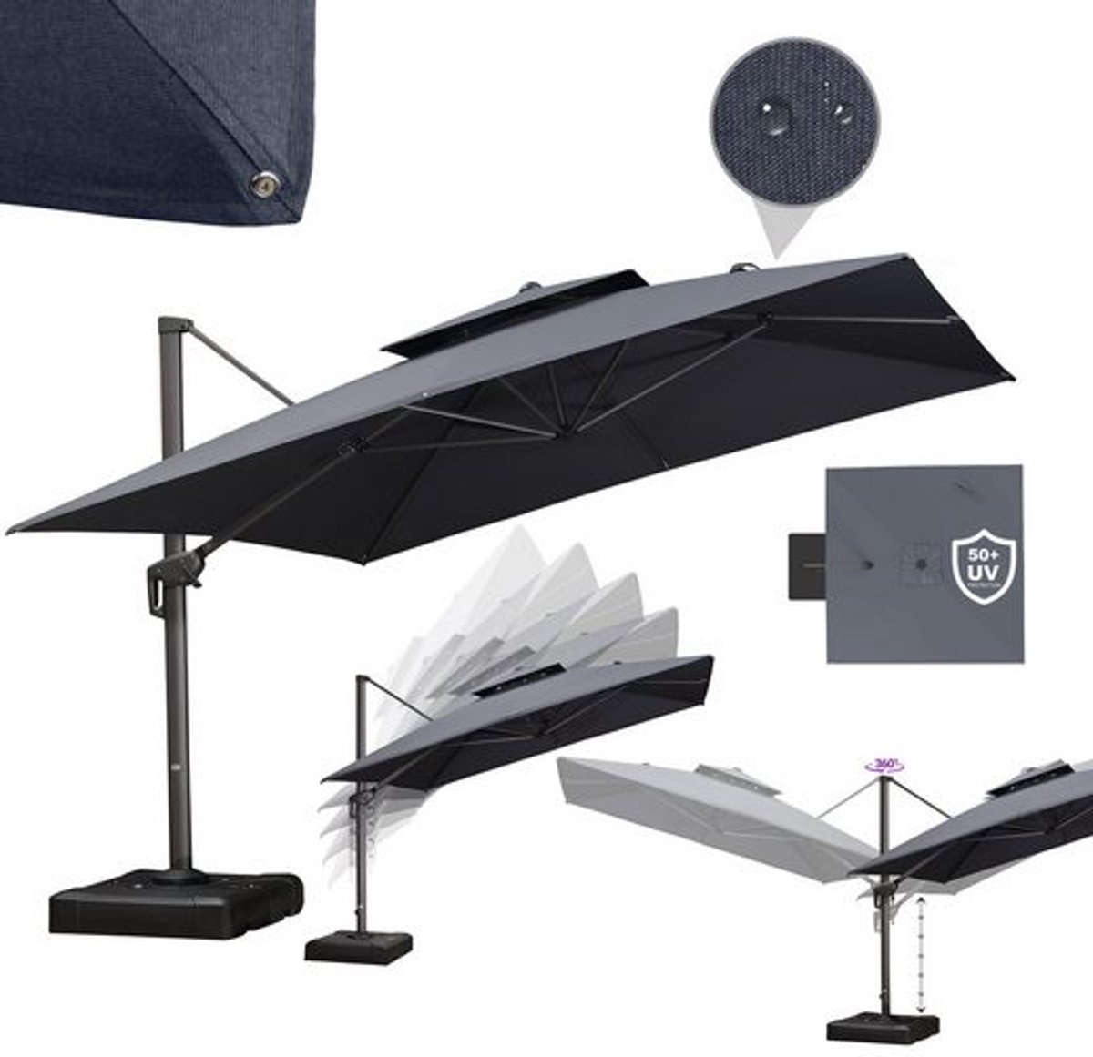 PURPLE LEAF Vierkant Parasol - Dubbel Top - 360 °Graden Rotatie - UV werend doek- Windbestendige Zweefparasol (8683769594984)