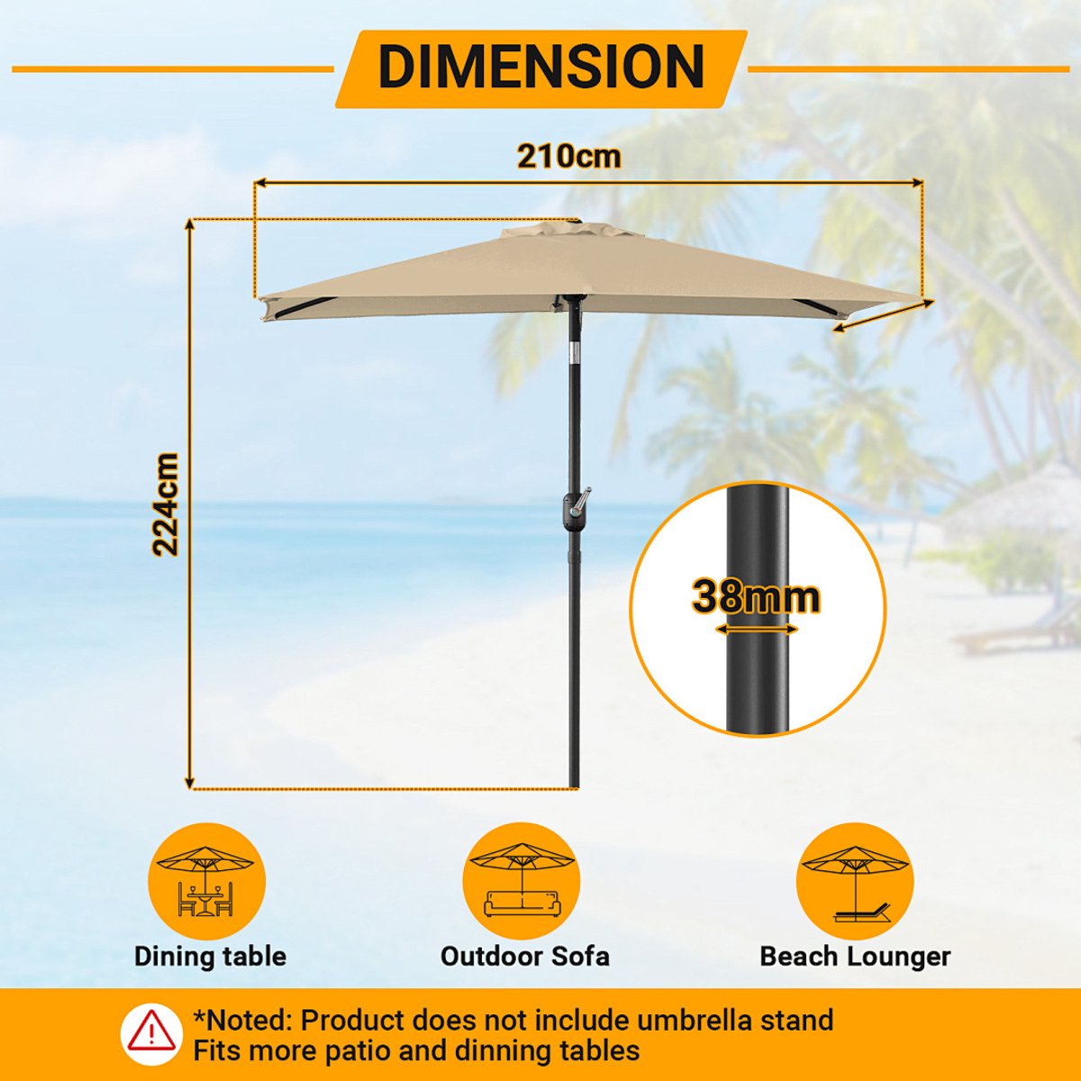 Parasol - Tuin - 140x210 cm - Stokparasol - UPF 50+ - 30° Kantelbaar - Waterdicht - Balkonparasol - Zweefparasol - Taupe (9350838096029)