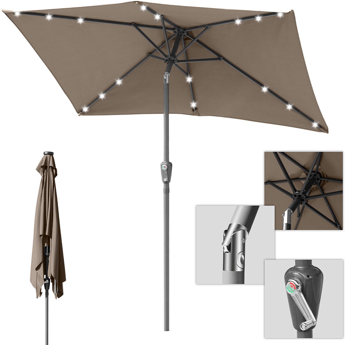 Parasol - Tuin - 140x210 cm - Stokparasol - met LED - UPF 50+ - 30° Kantelbaar - Waterdicht - Balkonparasol - Zweefparasol - Taupe (9350838096128)