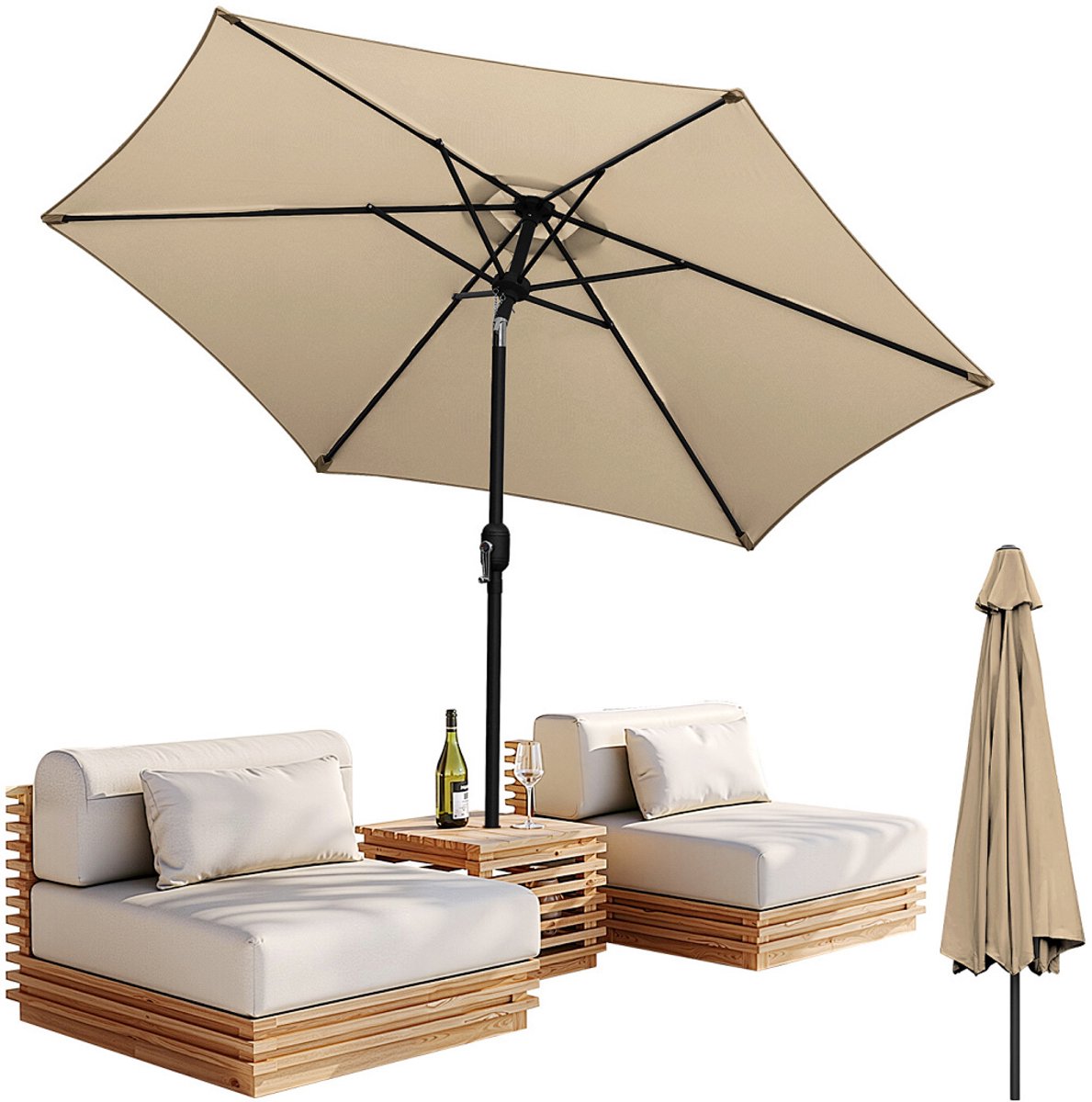 Parasol - Tuin - 270CM - Stokparasol - UV50+ - 30° Kantelbaar - Waterdicht - Balkonparasol - Zweefparasol - Taupe (9350838095824)