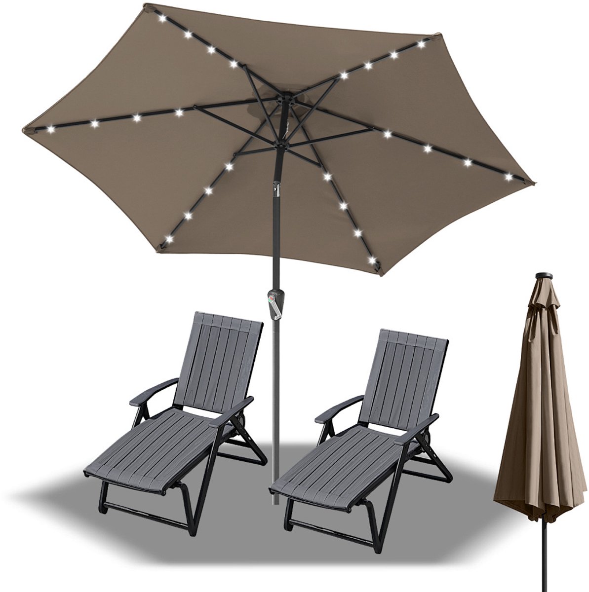 Parasol - Tuin - 270CM - Stokparasol - met LED - UV50+ - 30° Kantelbaar - Waterdicht - Balkonparasol - Zweefparasol - GrijsTaupe (9350838095923)