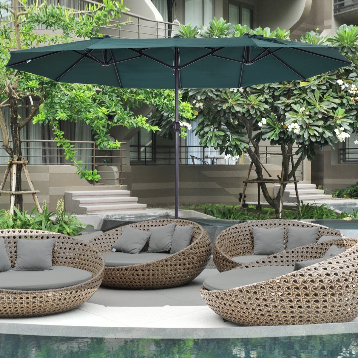 Parasol - Zweefparasol - Tuinparasol - Terrasparasol - Ovaal - Dubbele Zonwering - Handkruik - Extra Groot 460x270x240 cm - Donkergroen (8721391798582)