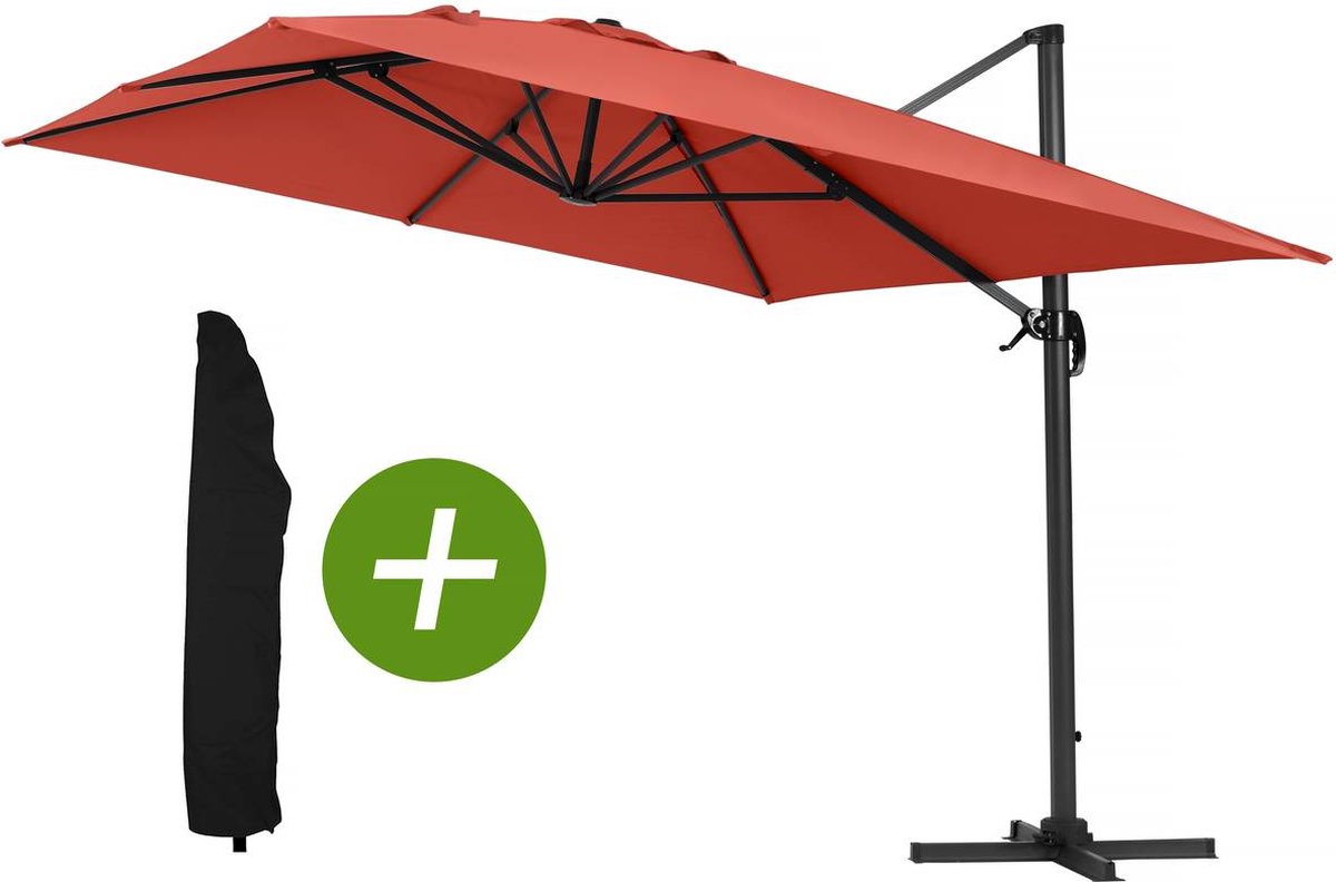 Parasol vrijhangend tuin zweefparasol Aluminium "Sun 4" - Rechthoekig- 3 x 4 m - Rood + beschermhoes parasol (3700746482685)