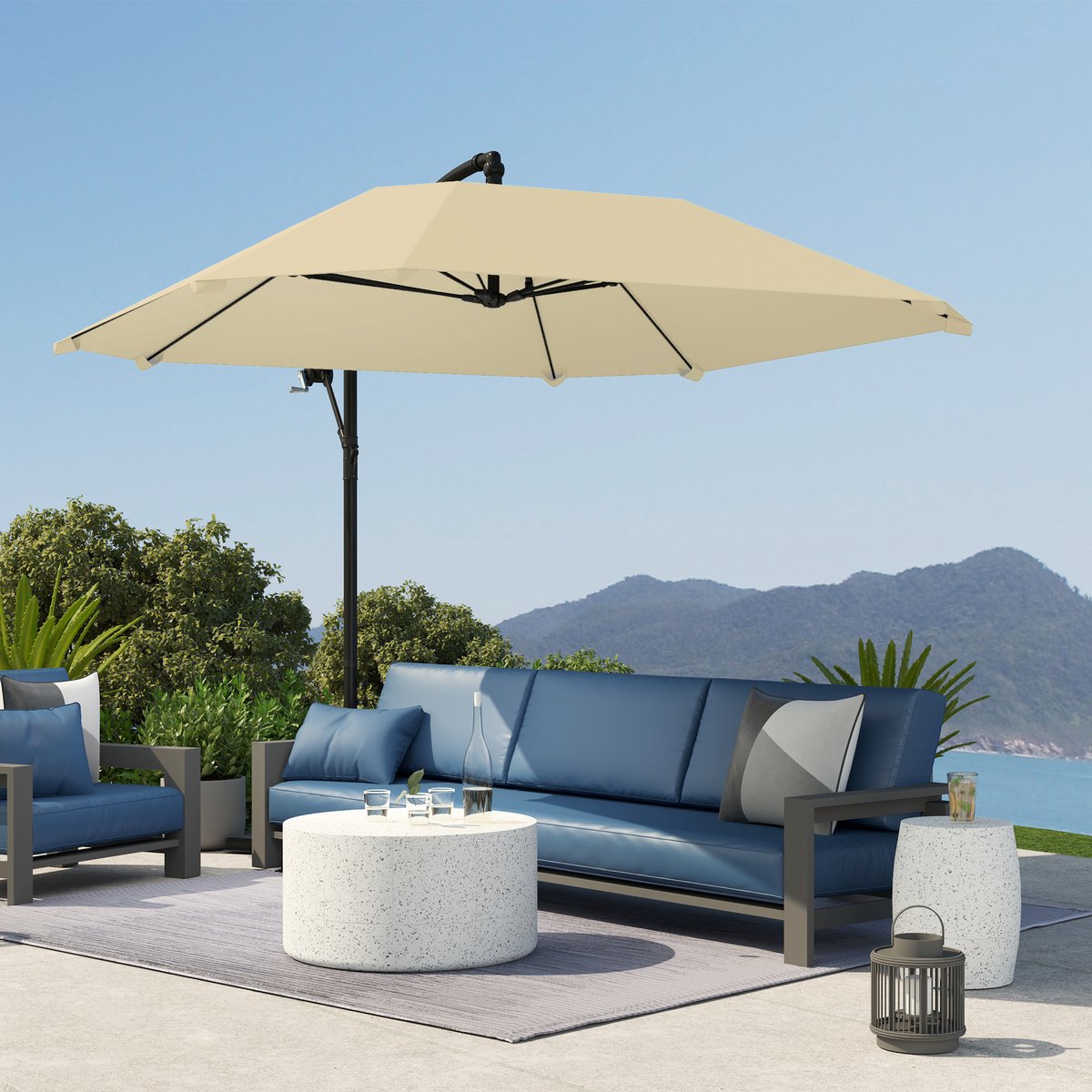 REDOM - Zweefparasol - 360° Verstelbaar En Met Slinger - Voor Balkon, Tuin Of Terras - Metaal En Polyester - Beige - 304 X 260 X 245 Cm (4070866122495)