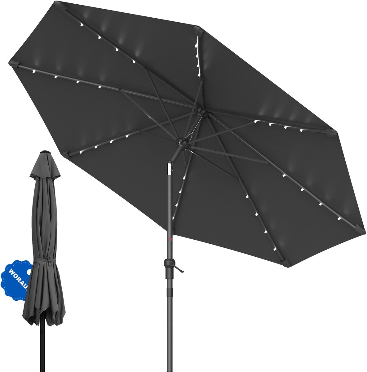 Soontrans - Parasol 300 cm - Met 24 LED-Lampjes -Tuinparasol met Kantelbaar, Balkonparasol UPF 50+ -Stokparasol 38 mm-Draagbare Terrasparasol -Marktparasol Waterdicht - Strandparasol -Slingerparasol voor Terrassen-Balkons en Zwembaden -Donkergrijs (9324622992590)