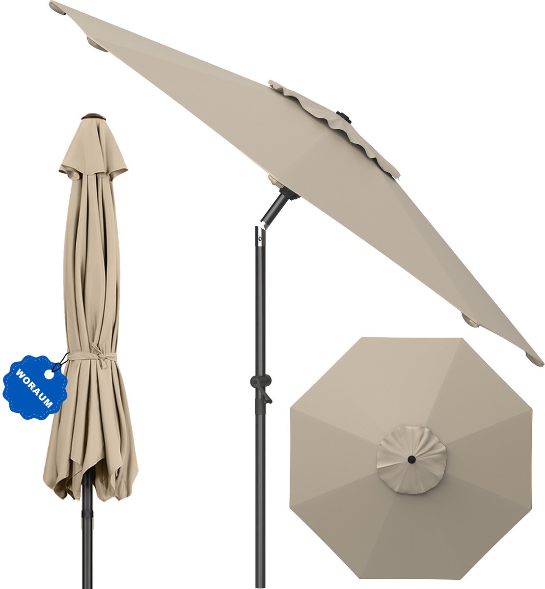 Soontrans - Parasol 300 cm, Tuinparasol met Kantelbaar, Balkonparasol UPF 50+ - Stokparasol 38 mm Aluminium Frame, Draagbare Terrasparasol - Marktparasol Waterdicht - Strandparasol - Slingerparasol voor Terrassen, Balkons en Zwembaden - Bruin (9324622992569)