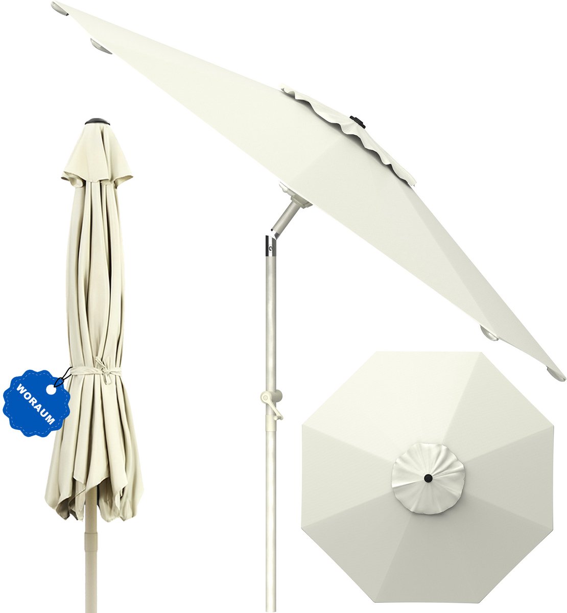 Soontrans - Parasol 300 cm, Tuinparasol met Kantelbaar, Balkonparasol UPF 50+ - Stokparasol 38 mm Aluminium Frame, Draagbare Terrasparasol - Marktparasol Waterdicht - Strandparasol - Slingerparasol voor Terrassen, Balkons en Zwembaden - Wit (9324622992552)