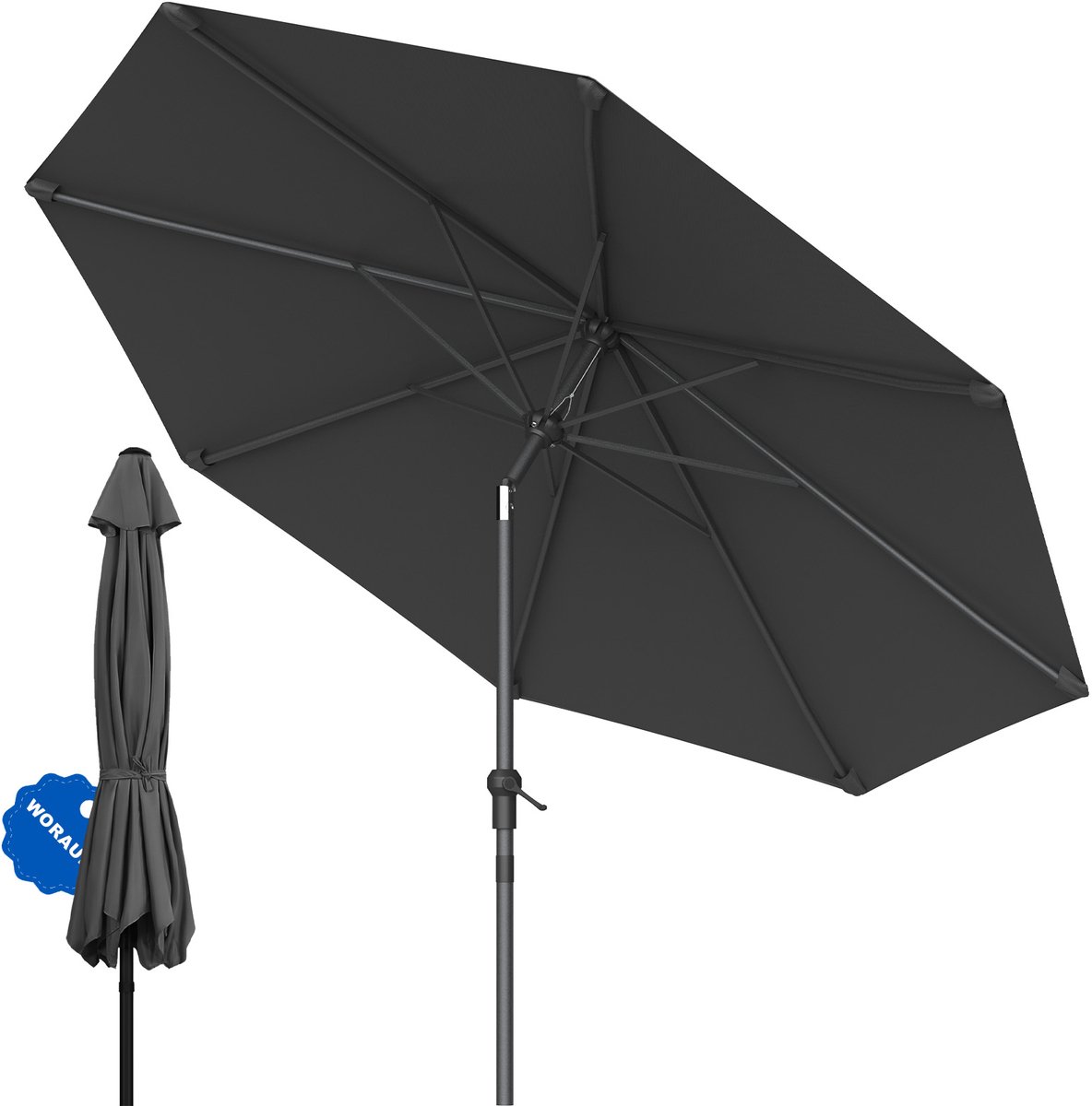 Soontrans - Parasol 300 cm-Tuinparasol met Kantelbaar -Balkonparasol UPF 50+ - Stokparasol 38 mm, Draagbare Terrasparasol - Marktparasol Waterdicht - Strandparasol - Slingerparasol voor Terrassen, Balkons en Zwembaden - Donkergrijs (9324622992576)