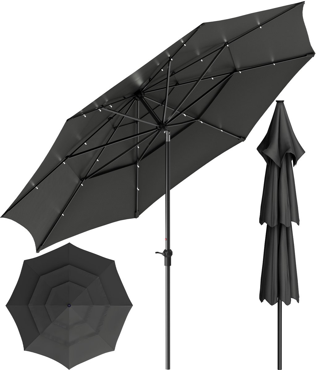 Soontrans - Stokparasol met LED - 300cm Tuinparasol UV50+ - Balkonparasol Waterdicht - Parasol Tuin Terras met Opdraaisysteem - Strandparasol 8 Ribben - Parasol Tuin 30° Kantelbaar - Grijs (9324622992743)