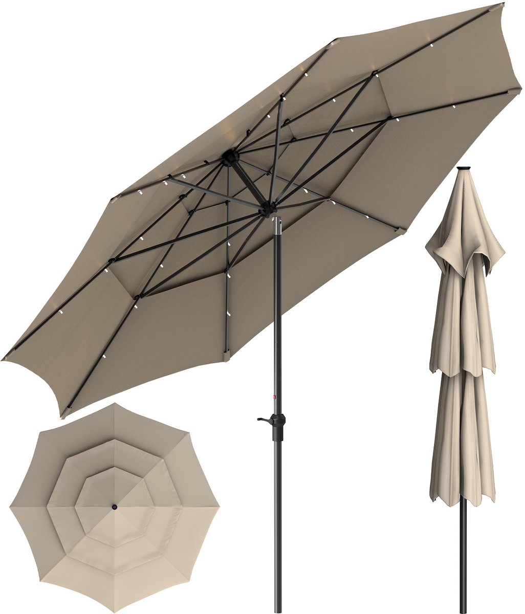 Soontrans - Stokparasol met LED - 300cm Tuinparasol UV50+ - Balkonparasol Waterdicht - Parasol Tuin Terras met Opdraaisysteem - Strandparasol 8 Ribben - Parasol Tuin 30° Kantelbaar - Bruin (9324622992729)