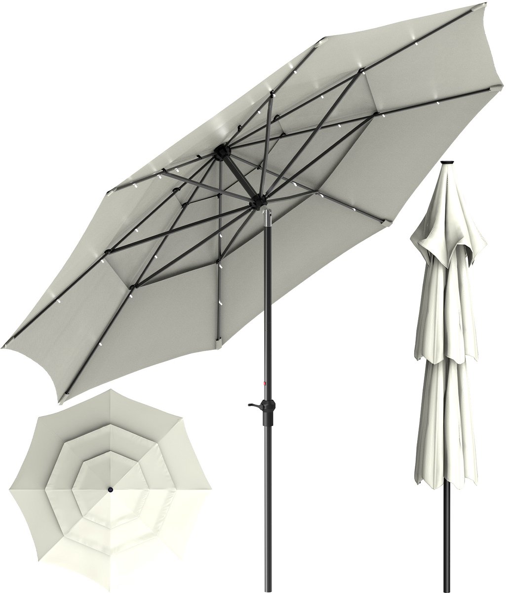 Soontrans - Stokparasol met LED - 300cm Tuinparasol UV50+ - Balkonparasol Waterdicht - Parasol Tuin Terras met Opdraaisysteem - Strandparasol 8 Ribben - Parasol Tuin 30° Kantelbaar - Wit (9324622992736)