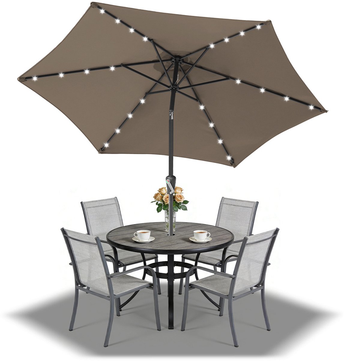 Stokparasol - 270CM - Parasol - Tuin - met LED - UV50+ - 30° Kantelbaar - Waterdicht - Balkonparasol - Zweefparasol - Taupe (9350838096326)
