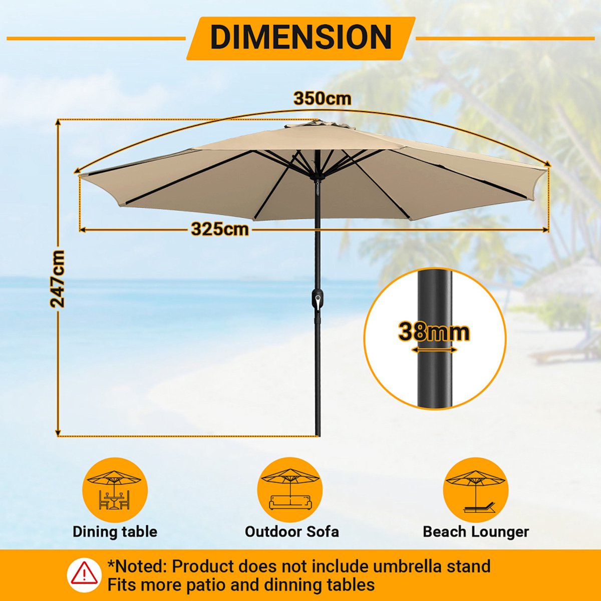 Stokparasol - 350CM - Parasol - Tuin - UV50+ - Waterdicht - Balkonparasol - Zweefparasol - Taupe (9350838096272)