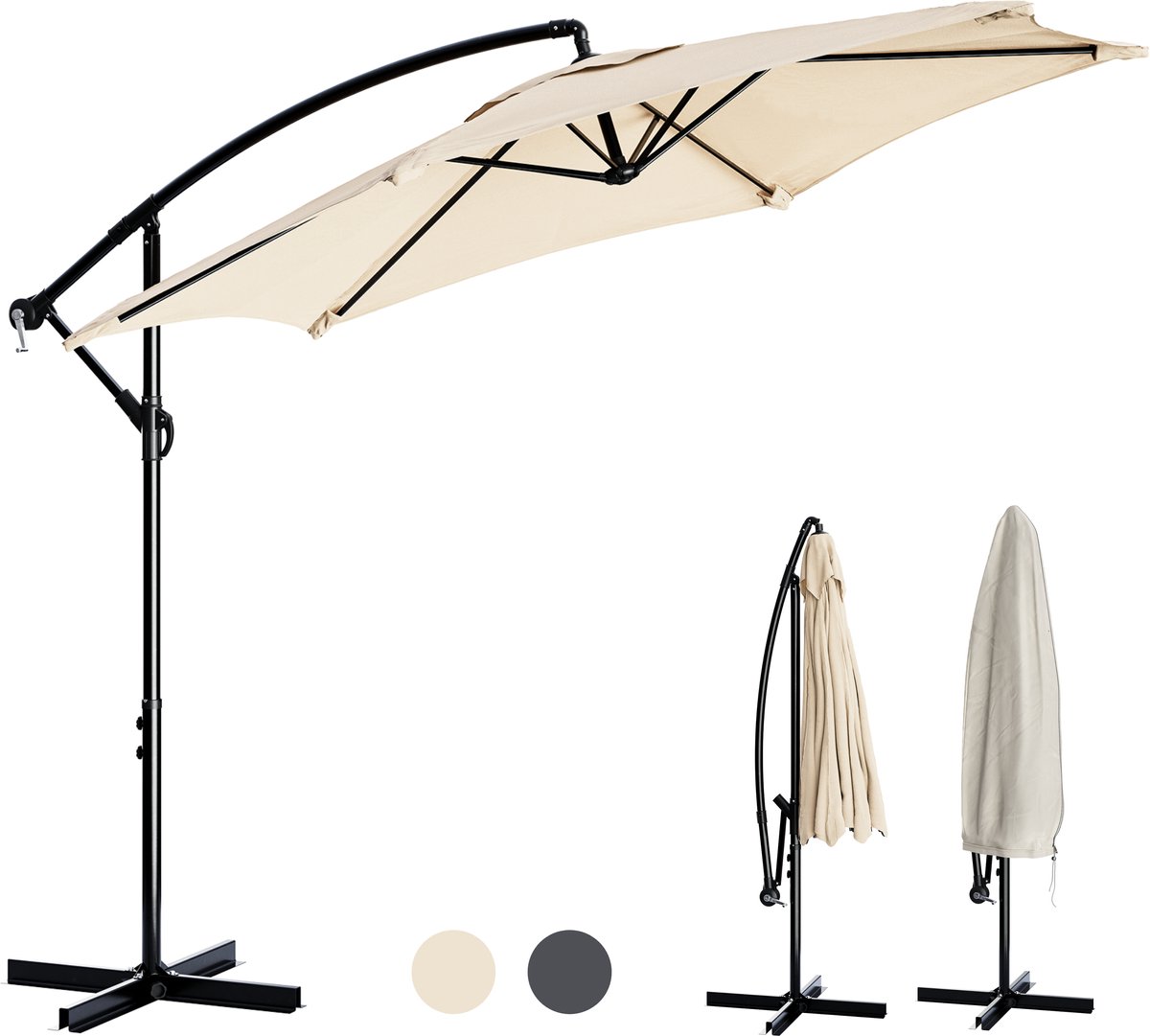 Tristar PA-7906 - Zweefparasol - 300cm Rond - Tuin & Balkon - Waterdicht - Verstelbare Hoogte - Incl. kruisvoet & Beschermhoes - Beige (8711658527055)