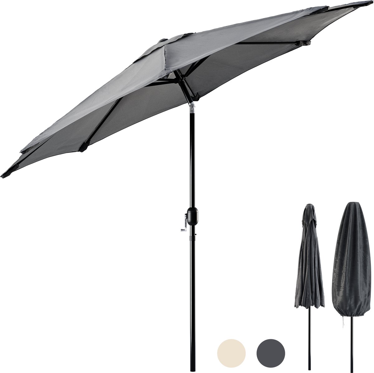 Tristar Stokparasol - 300cm Rond - Tuin & Balkon - Waterdicht - Verstelbare Hoogte - Kantelbaar - Incl. Beschermhoes - PA-7903 - Donkergrijs (8711658526980)