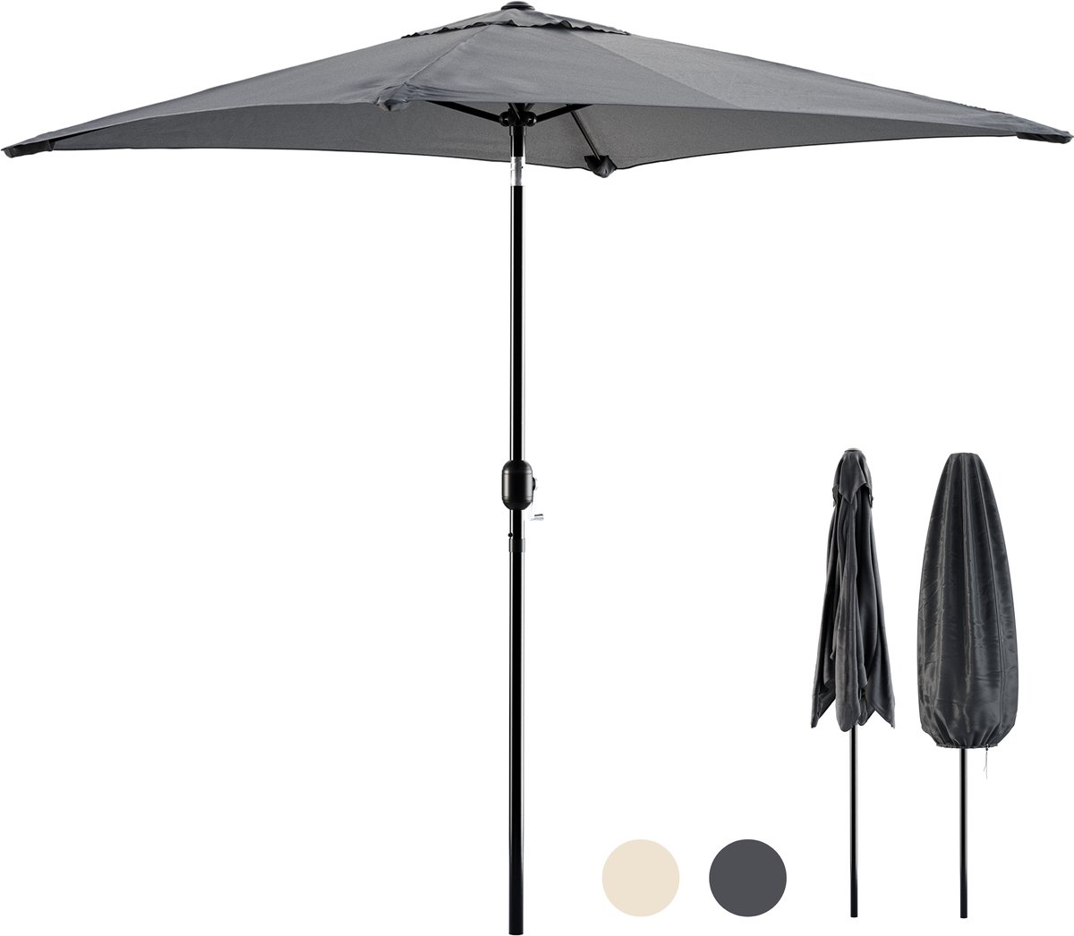 Tristar Stokparasol - Vierkant - 200x200cm - Balkon & Tuin - Waterdicht - Verstelbare Hoogte - Kantelbaar - Incl. Beschermhoes - PA-7901 - Donkergrijs (8711658526973)