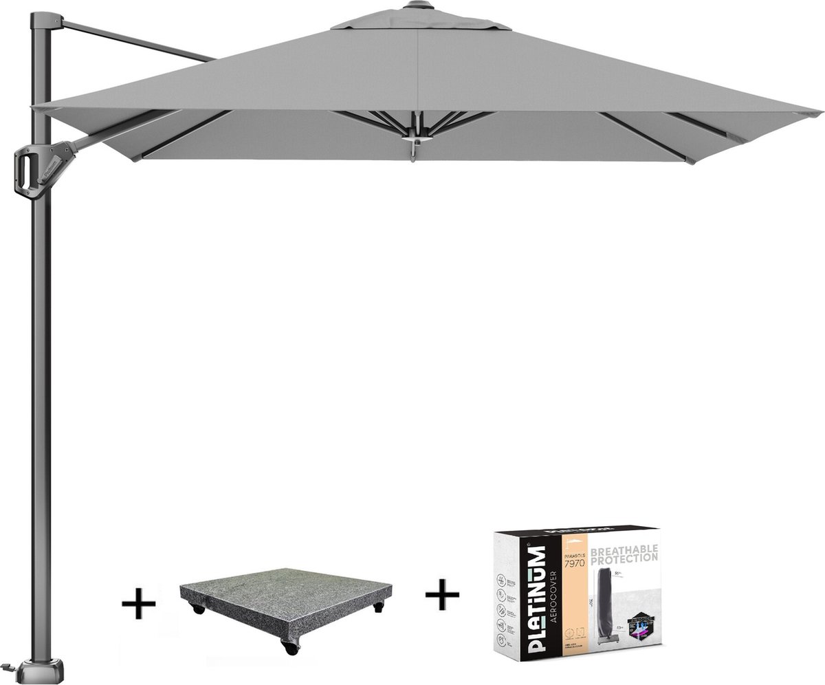 Voyager T1 zweefparasol 250x250 cm lichtgrijs met 75KG voet en hoes (8720848330009)