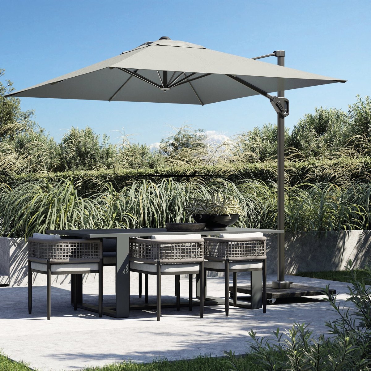 Voyager T1 zweefparasol 250x250 cm sandstone Ivory met zandkleur 90kg voet en hoes (8720848347441)