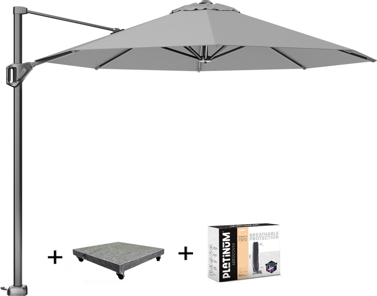 Voyager T1 zweefparasol 300 cm rond lichtgrijs met 75KG voet en hoes (8720848329959)