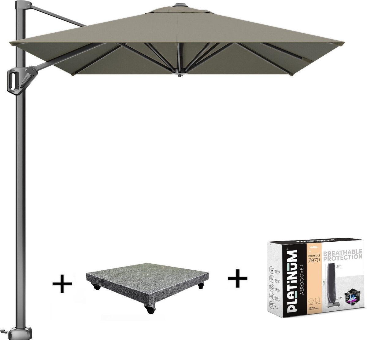 Voyager T1 zweefparasol 300x200 cm taupe met 75KG voet en hoes (8720848329966)