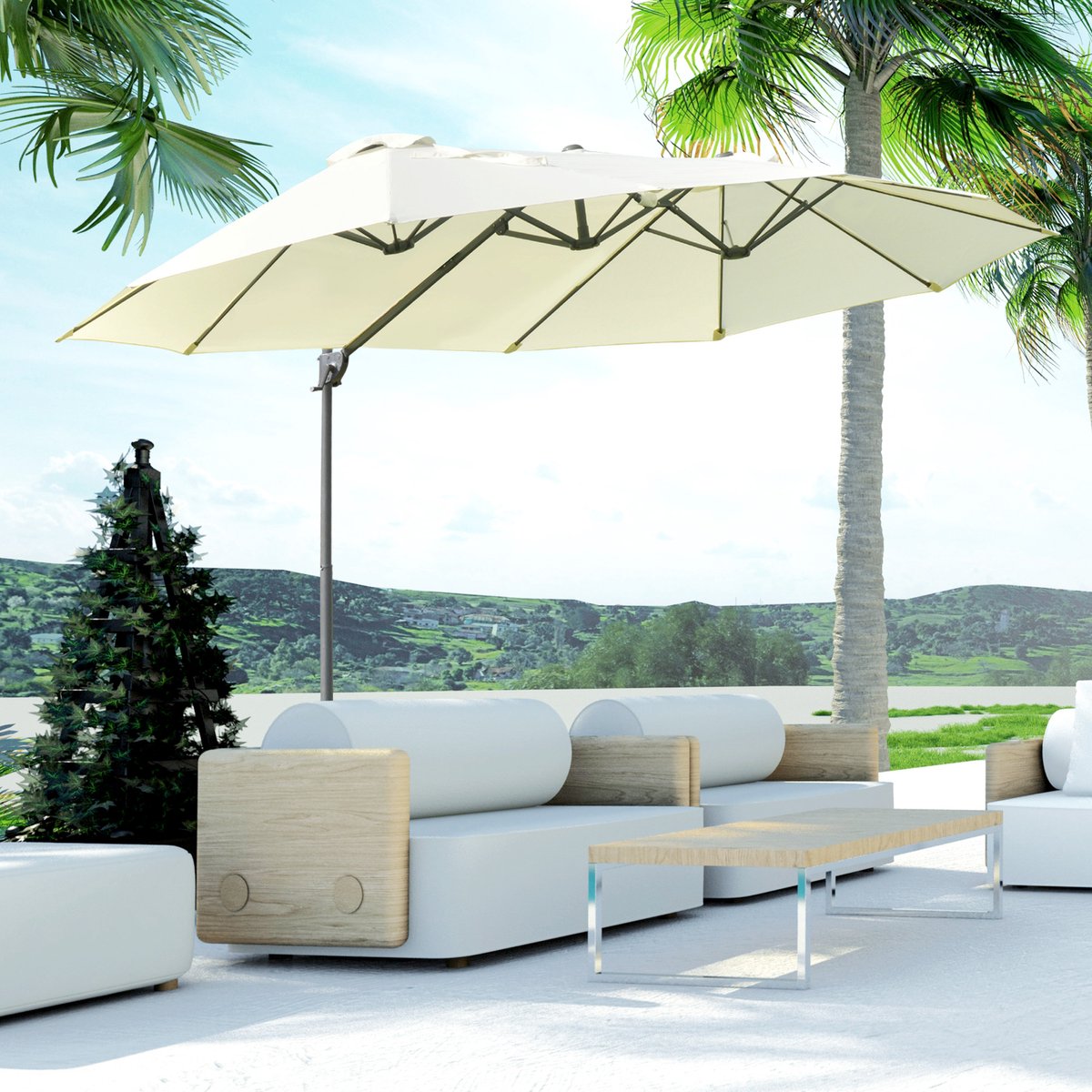 Wishdor - Dubbele Zweefparasol - Met Slinger En Ventilatieopeningen - Voor Tuin - Polyester - Crèmewit - 440 X 270 X 250 Cm (4070904129370)