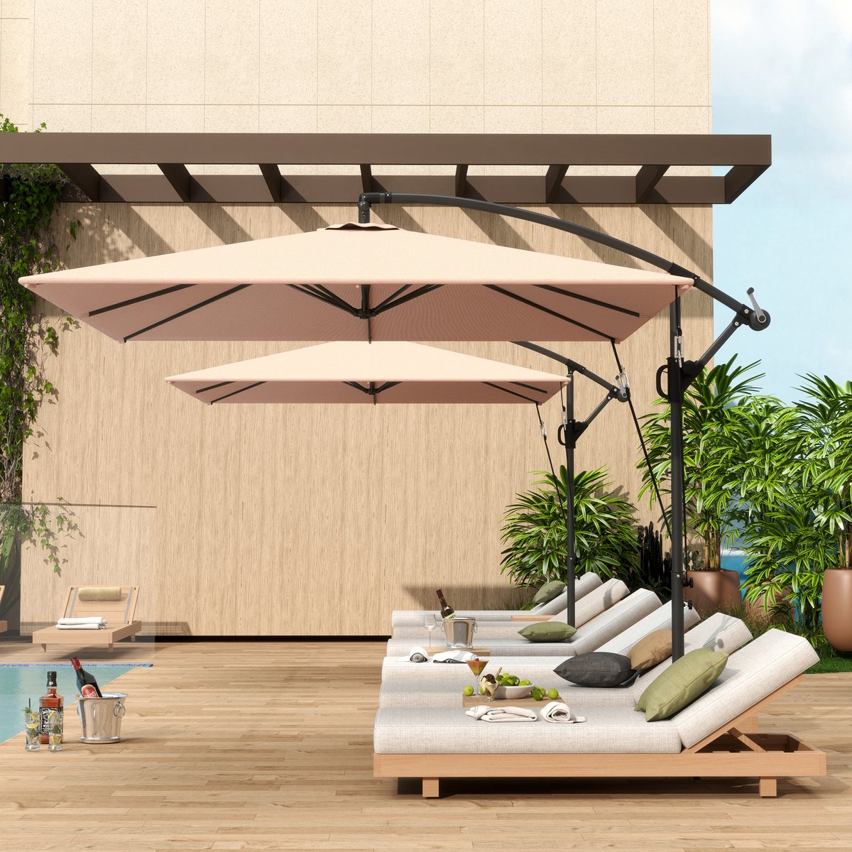 Wishdor - Zweefparasol - 360° Draaibaar En Kantelbaar - Voor Balkon En Terras - Polyester - Khaki - 295 x 250 x 235 cm (4070904128977)