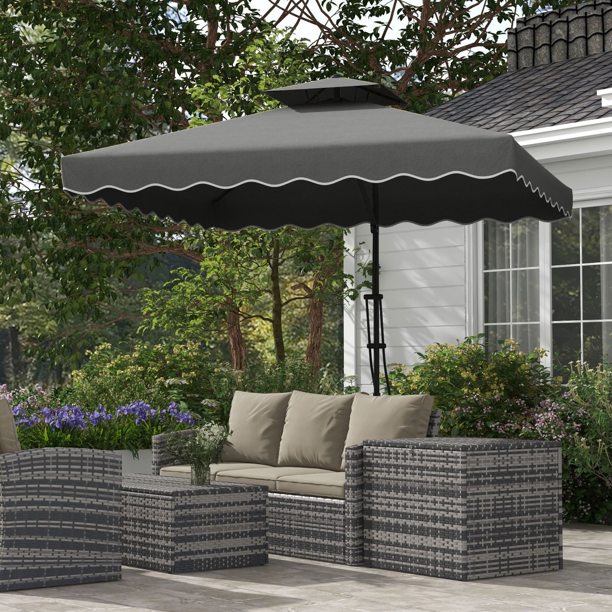 Wishdor - Zweefparasol - Met Dubbel Dak En Handzwengel - Voor Tuin - Polyester - Donkergrijs - 243 x 243 x 251 cm (4070904129004)