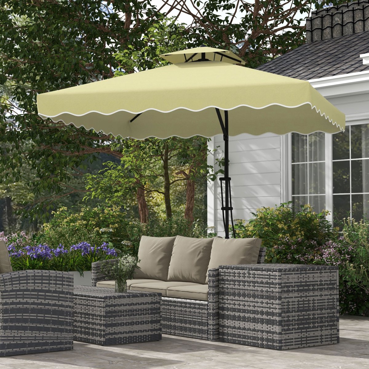Wishdor - Zweefparasol - Met Handslinger En Ventilatiedak - Met Golvende Rand - Polyester - Beige - 243 x 243 x 251 cm (4070904129035)