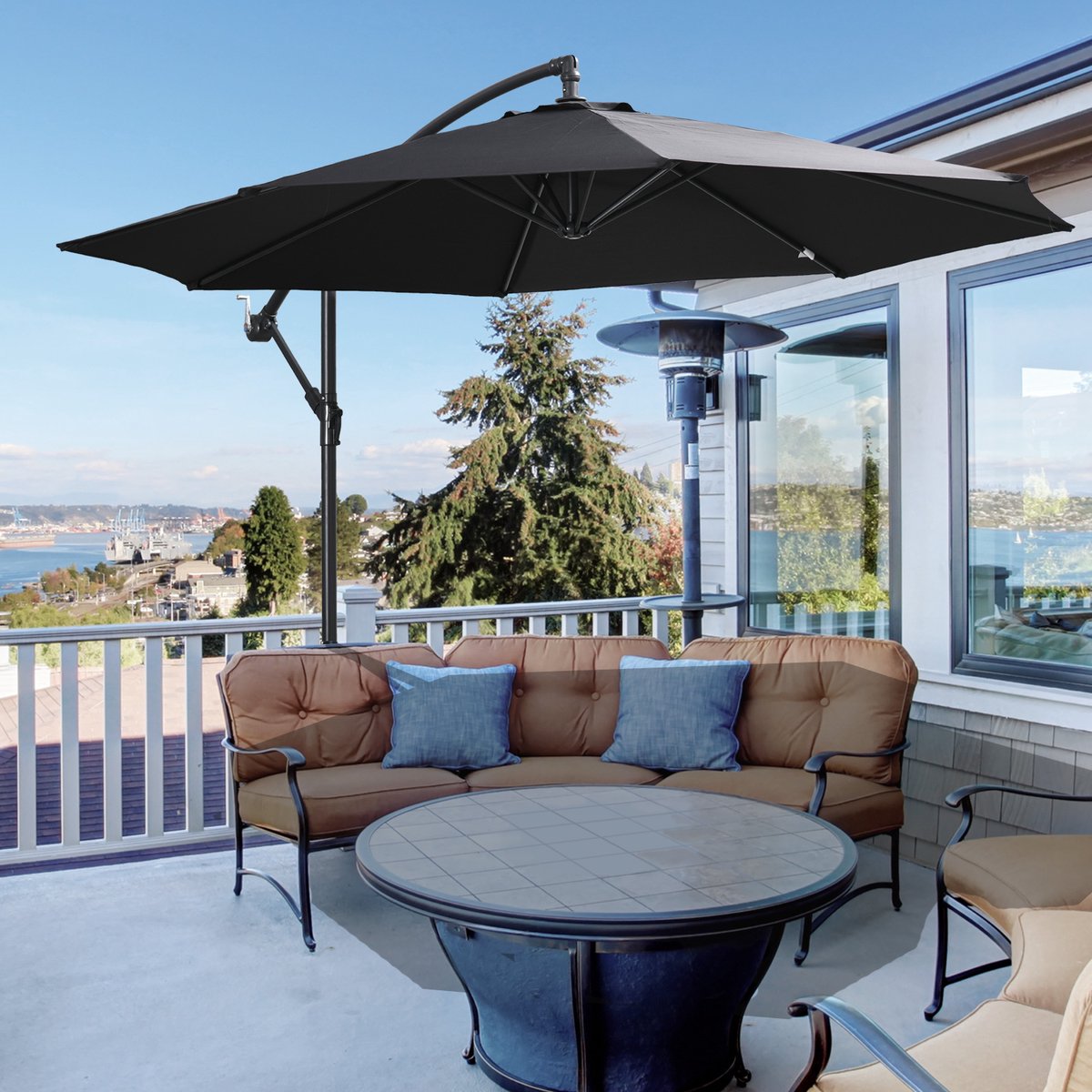 Wishdor - Zweefparasol - Met Slinger En Stalen Frame - Voor Tuin Of Terras - Polyester - Zwart (4070904234906)