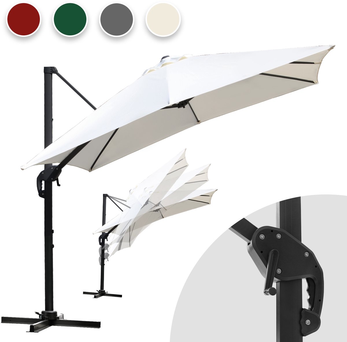 Zweefparasol 330x330cm - Vierkante parasol - 360 ° Draaibaar - Kantelbaar - UV werend doek - Houtlook - Beige (9084800362408)