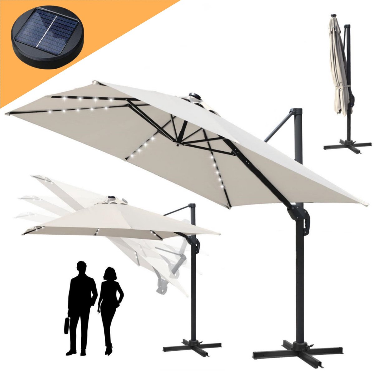Zweefparasol 330x330cm - Vierkante parasol - 360 ° Draaibaar - Kantelbaar - UV werend doek - Houtlook - incl. LED - Beige (9084800362361)