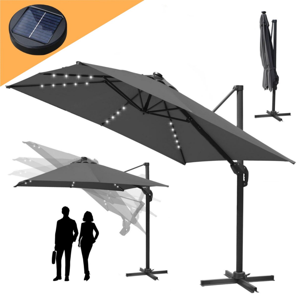 Zweefparasol 330x330cm - Vierkante parasol - 360 ° Draaibaar - Kantelbaar - UV werend doek - Houtlook - incl. LED - Grijs (9084800362354)