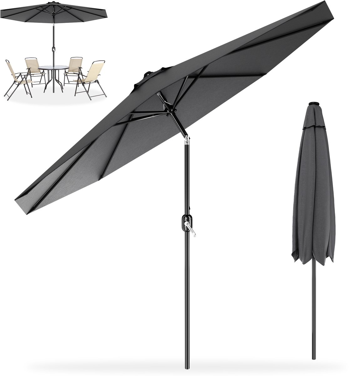 Zweefparasol - Hangparasol 300 cm - Voor Tuin, Terras, Balkon & Lounge - Draaibaar - Aluminium Mast - UV-bestendig - Donkergrijs (0758548725489)
