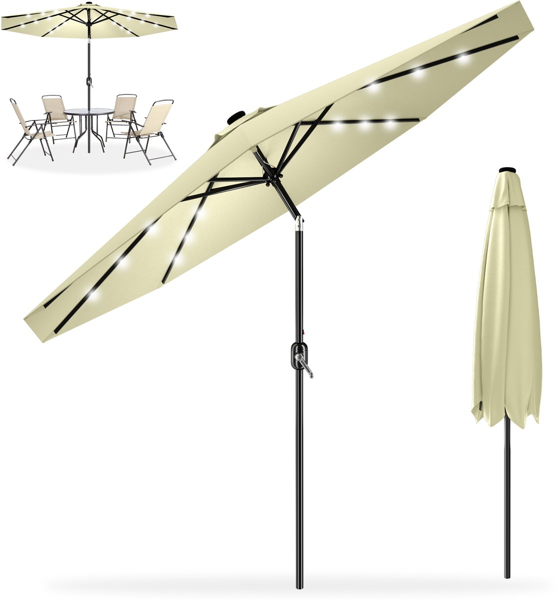 Zweefparasol / Hangparasol 300 cm - Voor Tuin, Terras, Balkon & Lounge - Draaibaar - Optioneel met LED Verlichting - Aluminium Mast - UV-bestendig - Beige (0758548725519)